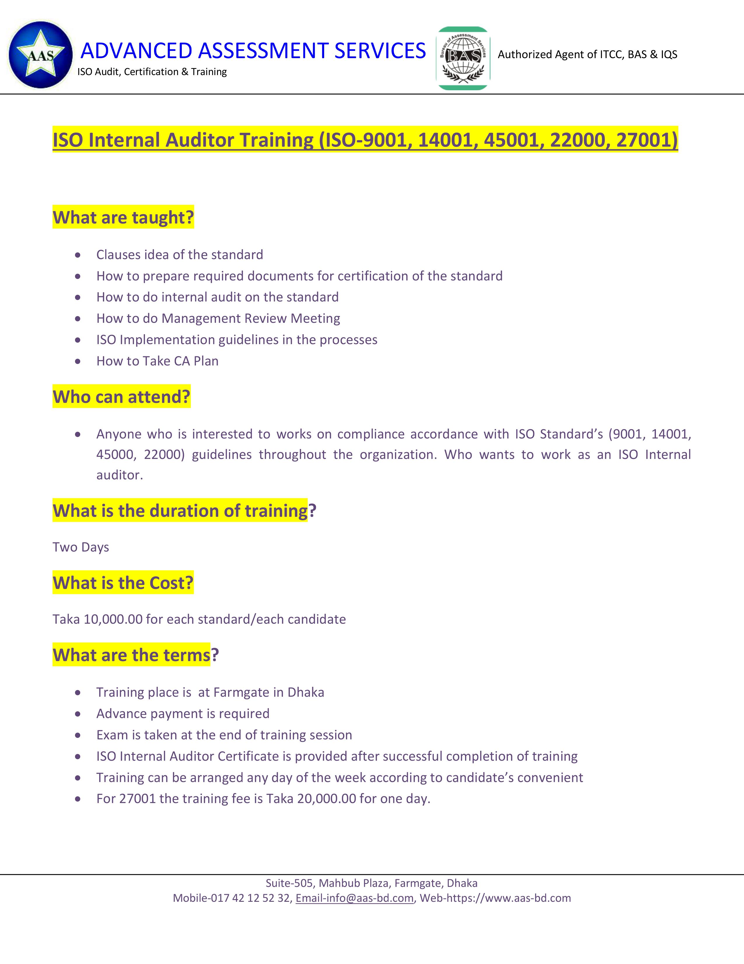 ISO Internal Auditors Training Advanced Assessment Services   ISO Internal Audit Training 